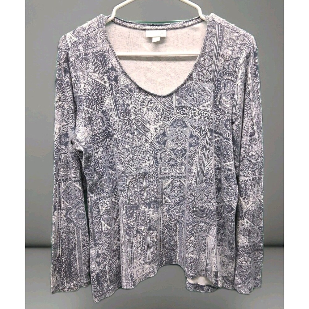 J Jill Paisley Long Sleeve Pima Cotton Crew Neck Tshirt Tunic Blue Medium Boho